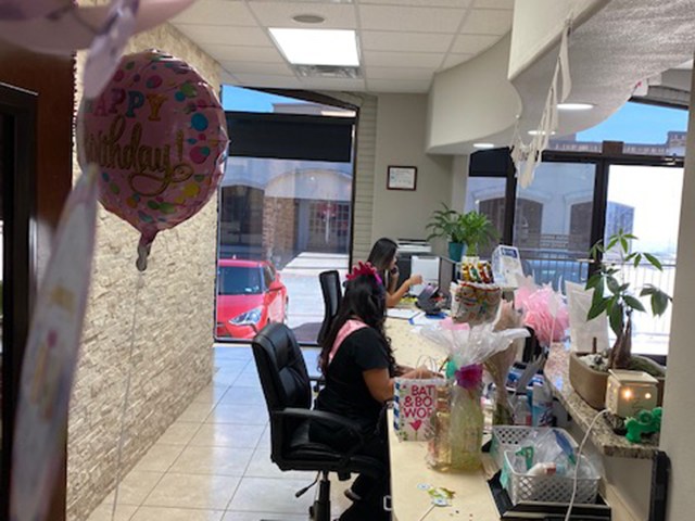 behind the front desk with decorations