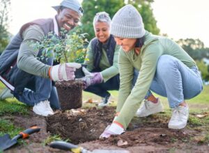 a group of friends planting a tree for Earth Day